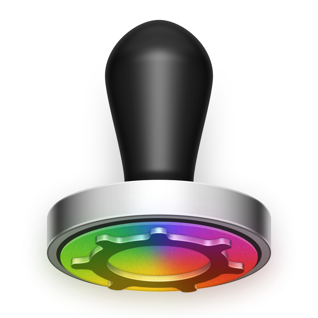 The Stamp mark: a hand stamp with a black handle, a chrome ring and a plate of every colour of the spectrum.